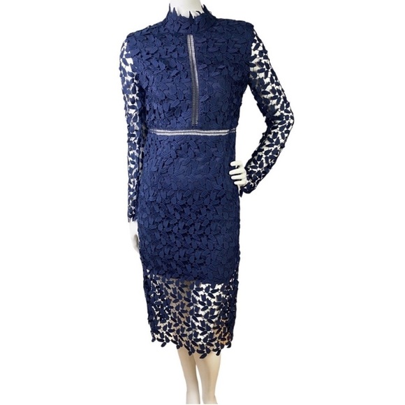 NWT Bardot Alberta Navy Lace Long Sleeve Open Back Midi Sheath Dress Size 8 - Picture 7 of 14